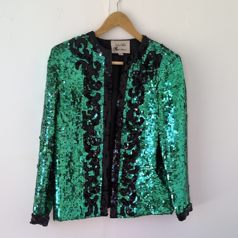 Vintage 80's Nolan Miller Dynasty Collection Green and Black Sequin Jacket